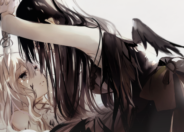 Anime picture 1200x861 with original poni (rito) long hair fringe open mouth black hair simple background hair between eyes bare shoulders multiple girls parted lips grey hair grey background black wings crying screaming girl dress weapon 2 girls