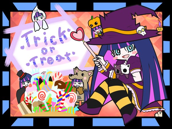 Anime picture 1500x1125 with panty & stocking with garterbelt anarchy stocking tagme (artist) long hair blush open mouth blue eyes purple hair multicolored hair two-tone hair halloween colored inner hair witch trick or treat girl dress heart witch hat wolf