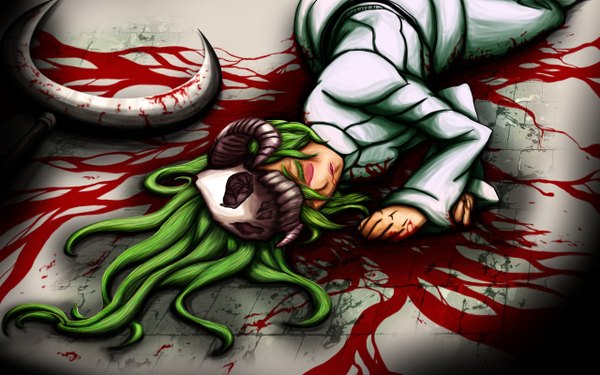 Anime picture 2560x1600 with bleach studio pierrot nelliel tu odelschwanck long hair highres wide image lying eyes closed green hair espada girl weapon blood skull