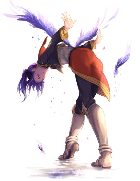 Anime picture 1935x2502 with tales of (series) tales of vesperia yuri lowell soysae single long hair tall image looking at viewer highres simple background white background purple eyes purple hair full body ponytail leaning leaning forward spread arms boy wings