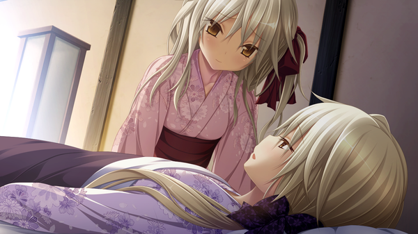 Anime picture 1280x720 with amatsutsumi purple software koizuka mana long hair wide image multiple girls brown eyes game cg white hair lying traditional clothes japanese clothes girl 2 girls kimono