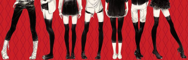 Anime picture 1280x413 with original sousou (sousouworks) wide image standing multiple girls from behind high heels monochrome group hands behind back 6+ girls red background lacing hands clasped rhombus 7 girls platform heels girl thighhighs dress