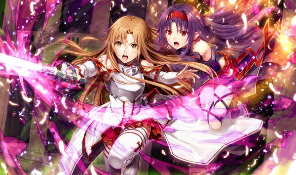 Anime picture 1400x826 with sword art online a-1 pictures yuuki asuna yuuki (sao) gabiran long hair blush fringe open mouth hair between eyes red eyes brown hair wide image bare shoulders multiple girls holding looking away purple hair ahoge bent knee (knees)