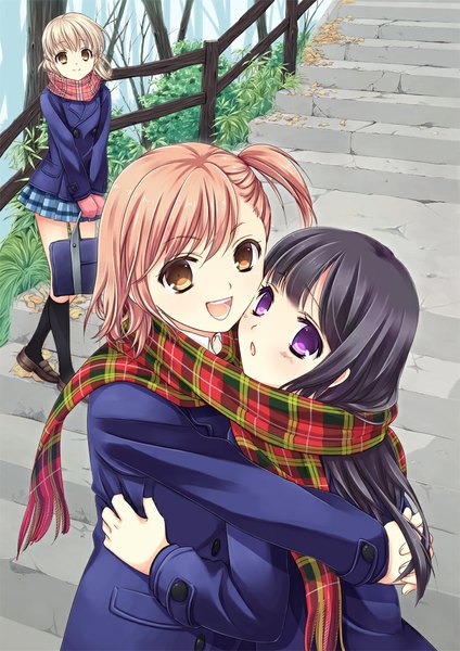 Anime picture 725x1025 with original ooshima towa tall image looking at viewer short hair open mouth black hair blonde hair smile brown hair purple eyes multiple girls brown eyes hug shared scarf girl uniform plant (plants) school uniform tree (trees)