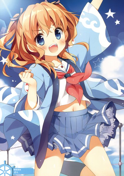 Anime picture 2753x3917 with high school fleet yanagiwara maron pan (mimi) single long hair tall image looking at viewer blush highres open mouth blue eyes brown hair scan official art two side up girl skirt navel miniskirt star (symbol)