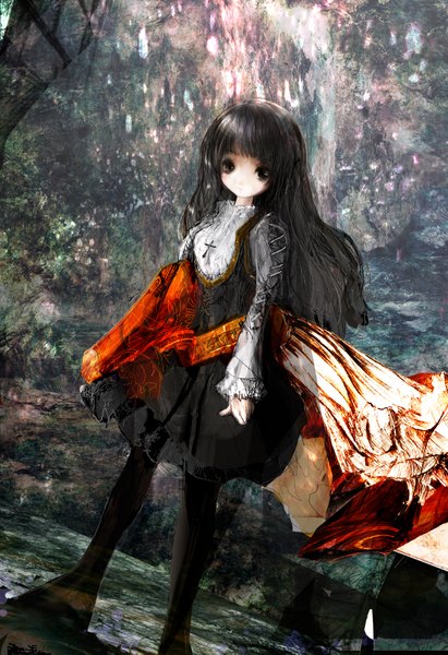 Anime picture 1200x1749 with original 86thunder single long hair tall image black hair standing wind black eyes grey background girl dress cross