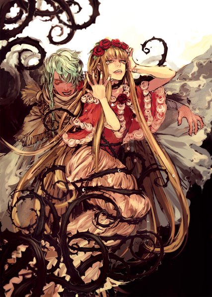 Anime picture 900x1263 with sound horizon marchen dornroschen minato.666 long hair tall image fringe open mouth blonde hair green eyes braid (braids) eyes closed very long hair green hair hair over one eye couple lipstick tears outstretched arm bondage