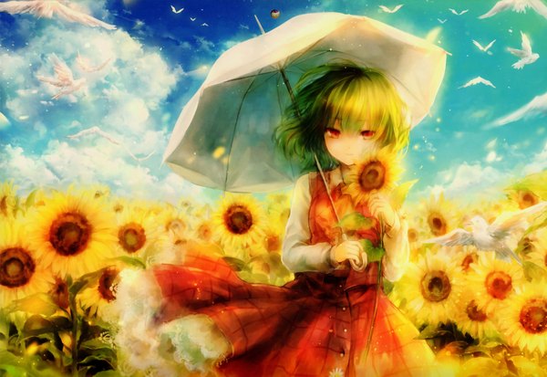 Anime picture 4644x3204 with touhou kazami yuuka onineko single looking at viewer highres short hair red eyes absurdres sky cloud (clouds) green hair scan girl dress skirt flower (flowers) animal bird (birds) umbrella