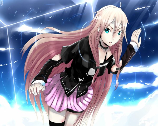 Anime picture 1024x819 with vocaloid ia (vocaloid) single long hair looking at viewer open mouth blonde hair bare shoulders braid (braids) very long hair aqua eyes twin braids girl thighhighs