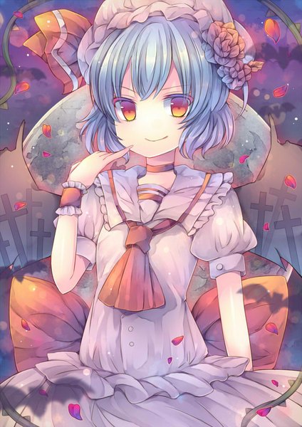 Anime picture 706x1000 with touhou remilia scarlet pjrmhm coa single tall image looking at viewer blush short hair smile red eyes blue hair hair flower finger to mouth girl dress hair ornament flower (flowers) petals wings moon