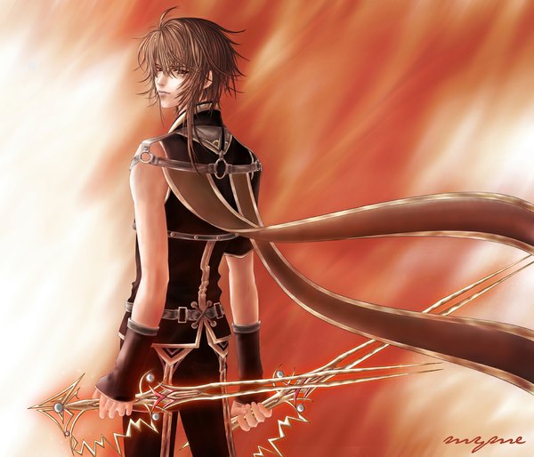 Anime picture 1050x900 with myme1 long hair red eyes brown hair looking back lips realistic boy weapon sword swordsman