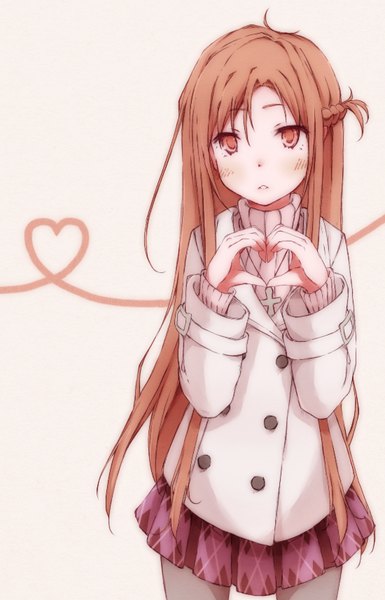 Anime picture 550x855 with sword art online a-1 pictures yuuki asuna hachiku tera single long hair tall image looking at viewer blush simple background brown hair brown eyes braid (braids) parted lips pleated skirt plaid skirt side braid brown background heart hands heart of string