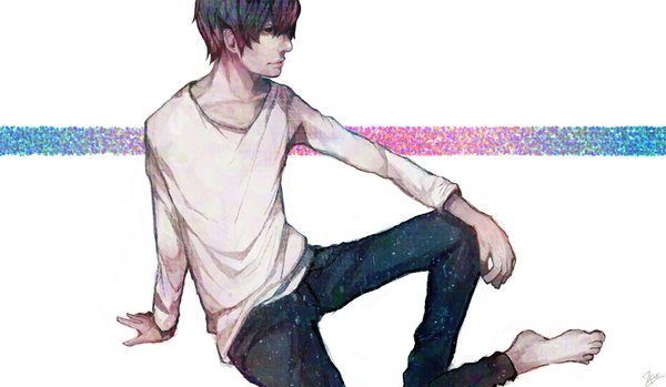 Anime picture 1000x583 with original nanakawa (nanasoon) nnkw777 single short hair black hair wide image white background sitting signed profile barefoot black eyes boy jeans