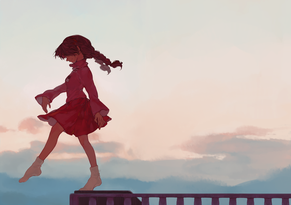 Anime picture 1504x1062 with yume nikki madotsuki met-tha single long hair fringe smile brown hair sky cloud (clouds) full body braid (braids) long sleeves profile wind hair over one eye wide sleeves no shoes twin braids evening