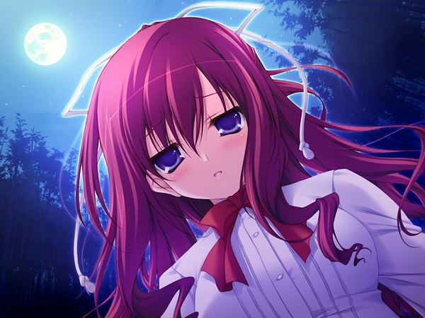 Anime picture 1024x768 with 11 eyes doga kobo kusakabe misuzu long hair blush purple eyes game cg red hair night girl moon