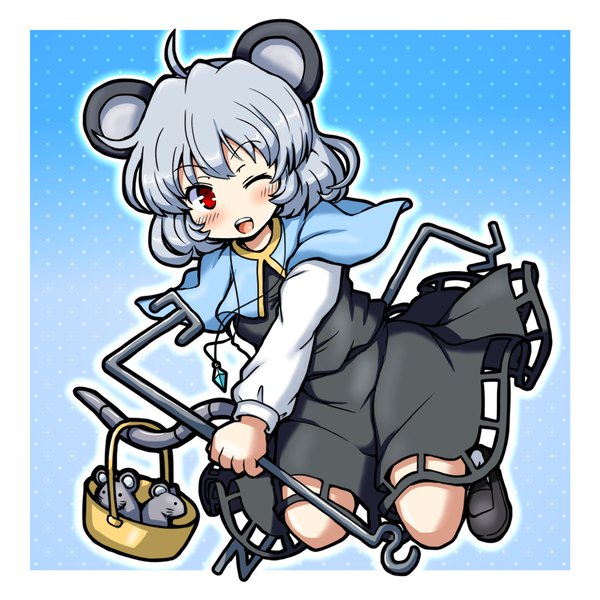 Anime picture 2000x2000 with touhou nazrin eruru (erl) single looking at viewer highres open mouth smile red eyes animal ears full body ahoge tail long sleeves animal tail one eye closed wink grey hair border polka dot