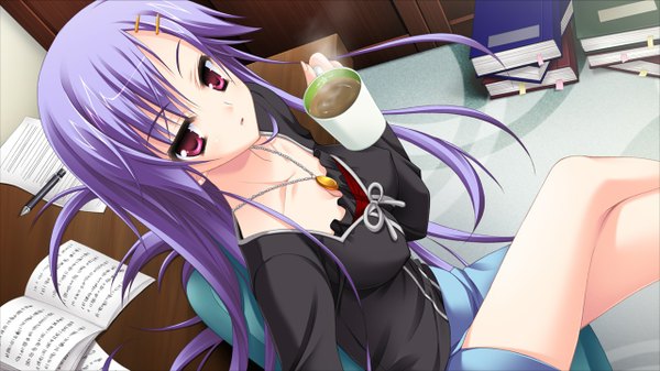 Anime picture 1280x720 with kisaragi gold star (game) long hair red eyes wide image game cg purple hair girl coffee