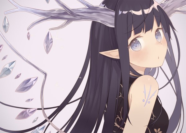 Anime picture 1406x1006 with original nagitoki single long hair looking at viewer blush fringe black hair simple background purple eyes parted lips horn (horns) pointy ears tattoo floral print close-up purple background girl wings branch