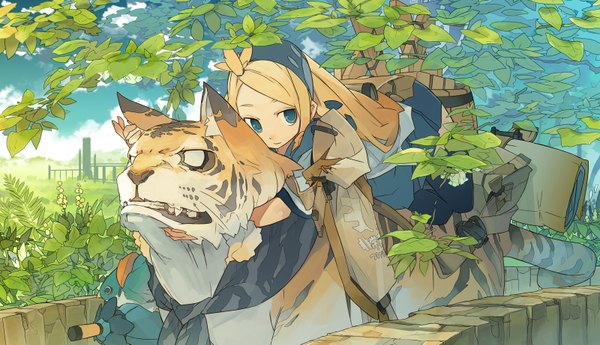 Anime picture 1600x921 with original sashimin single long hair blonde hair wide image sky cloud (clouds) tail aqua eyes hug reclining riding girl plant (plants) miniskirt animal hairband leaf (leaves) umbrella