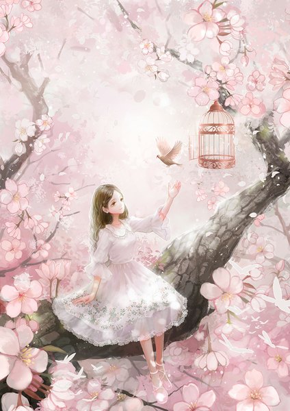 Anime picture 835x1181 with original wallace (artist) long hair tall image smile brown hair sitting brown eyes bent knee (knees) cherry blossoms outstretched arm wavy hair flying girl dress flower (flowers) plant (plants) animal tree (trees) white dress