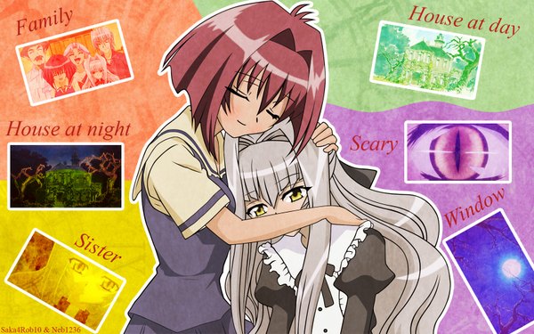 Anime picture 1680x1050 with karin j.c. staff maaka karin maaka anju long hair looking at viewer short hair wide image multiple girls yellow eyes red hair eyes closed grey hair hug vampire girl dress uniform 2 girls serafuku