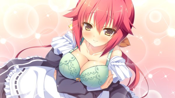 Anime picture 1280x720 with naka no hito nado inai kamishiro yuka nimura yuuji long hair blush breasts light erotic wide image yellow eyes game cg ponytail red hair maid girl