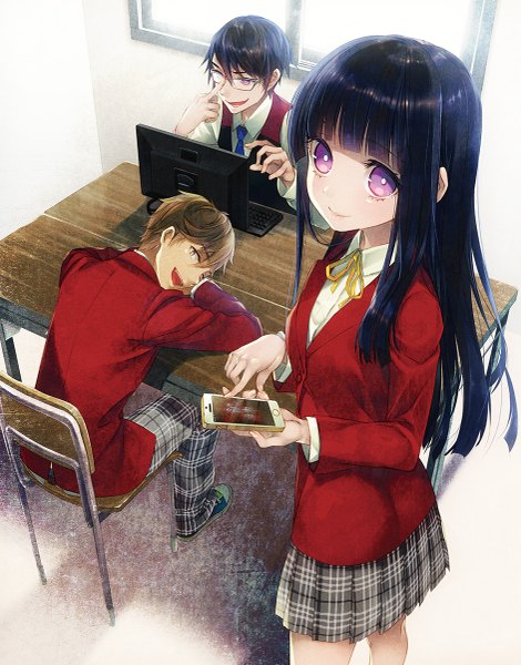 Anime picture 941x1200 with original nama2e long hair tall image looking at viewer short hair sitting purple eyes brown eyes multiple boys plaid skirt adjusting glasses girl boy skirt uniform school uniform miniskirt shirt glasses