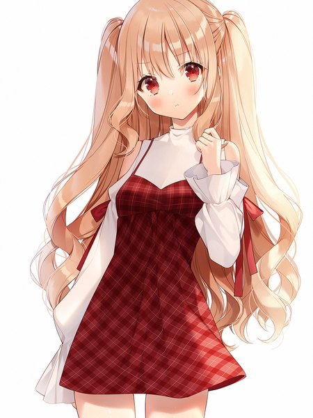 Anime picture 999x1333 with original weri single long hair tall image looking at viewer blush fringe simple background blonde hair hair between eyes red eyes standing white background payot long sleeves head tilt arm up off shoulder two side up