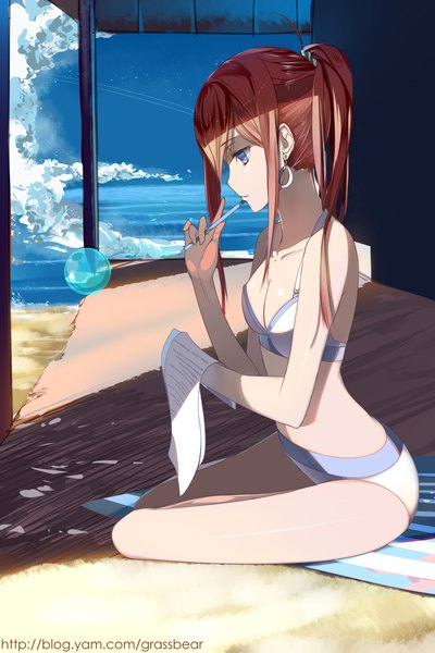 Anime picture 1500x2250 with steins;gate white fox makise kurisu cao xiong (tlb12121) single long hair tall image blue eyes brown hair cloud (clouds) ponytail profile girl swimsuit bubble (bubbles) paper