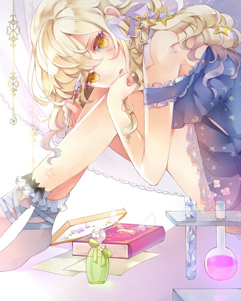 Anime picture 700x877 with original 041 single long hair tall image looking at viewer blush fringe open mouth blonde hair sitting bare shoulders yellow eyes wavy hair ankle ribbon girl dress hair ornament ribbon (ribbons) hair ribbon