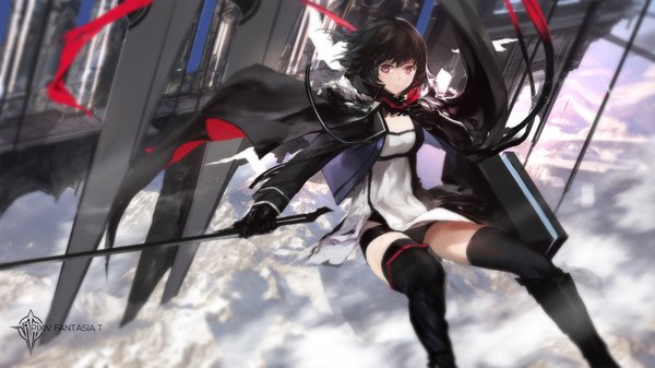 Anime picture 1512x850 with original pixiv fantasia pixiv fantasia t swd3e2 single looking at viewer short hair black hair red eyes wide image girl thighhighs dress gloves underwear panties weapon black thighhighs sword black gloves