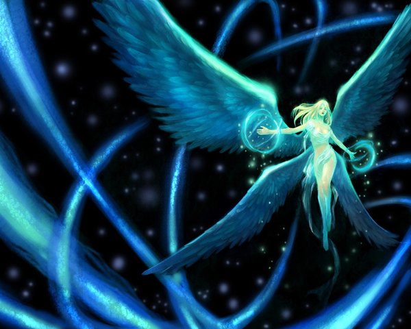 Anime picture 1280x1024 with original tagme (artist) single long hair blonde hair eyes closed night night sky magic dark background spread arms flying angel wings angel girl wings