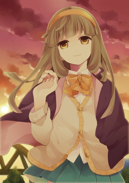 Anime picture 600x847 with inazuma eleven inazuma eleven go inazuma eleven go chrono stone nanobana kinako sunagimomo single long hair tall image looking at viewer fringe smile brown hair yellow eyes sky cloud (clouds) wind from below evening sunset girl