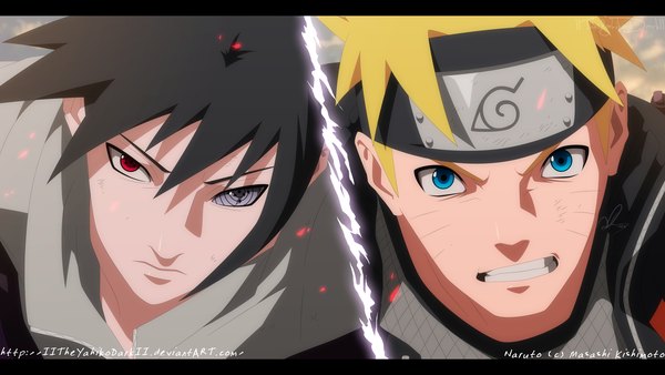 Anime picture 1600x902 with naruto studio pierrot naruto (series) uzumaki naruto uchiha sasuke iitheyahikodarkii short hair blue eyes black hair blonde hair red eyes wide image purple eyes heterochromia coloring facial mark letterboxed close-up face multiview