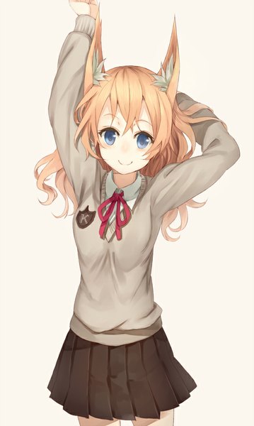 Anime picture 539x900 with original paseri single long hair tall image looking at viewer blush fringe blue eyes blonde hair smile standing animal ears pleated skirt wind arms up fox ears arm behind head yellow background girl