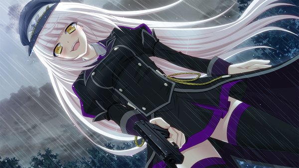 Anime picture 1280x720 with kessen! long hair blush open mouth wide image yellow eyes game cg white hair rain girl thighhighs uniform weapon black thighhighs gun military uniform pistol