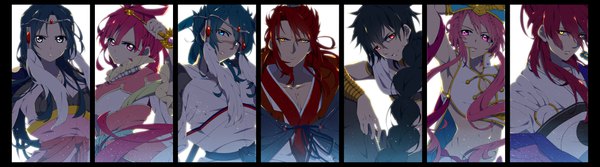 Anime picture 4300x1200 with magi the labyrinth of magic a-1 pictures judal ren kougyoku ren hakuryuu ren hakuei ren kouen ren kouha ren koumei m2888m long hair looking at viewer fringe highres blue eyes black hair blonde hair smile hair between eyes red eyes