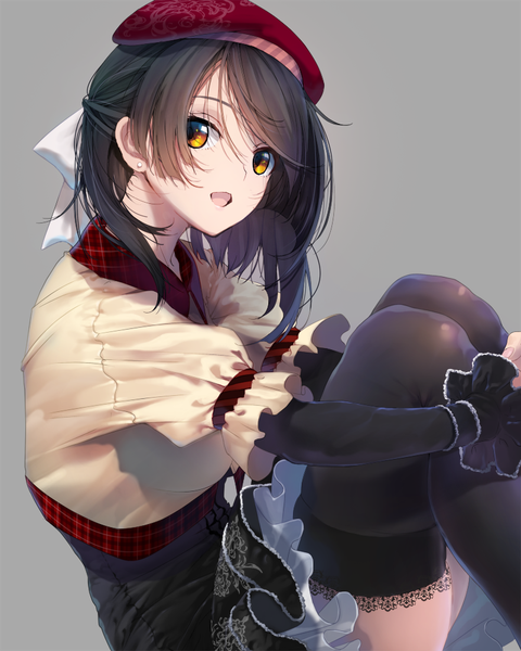 Anime picture 800x1000 with original zen99 single long hair tall image looking at viewer open mouth black hair simple background brown eyes grey background half updo embryo's pose girl thighhighs dress black thighhighs beret