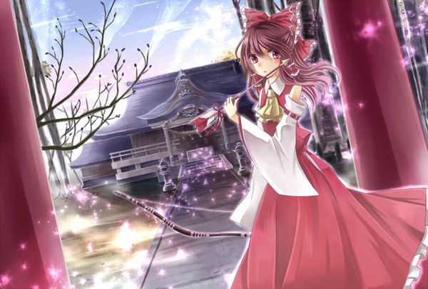 Anime picture 1300x878 with touhou hakurei reimu miyakure single long hair red eyes brown hair traditional clothes miko girl skirt bow plant (plants) hair bow detached sleeves tree (trees) skirt set bow (weapon) arrow (arrows) hakurei shrine