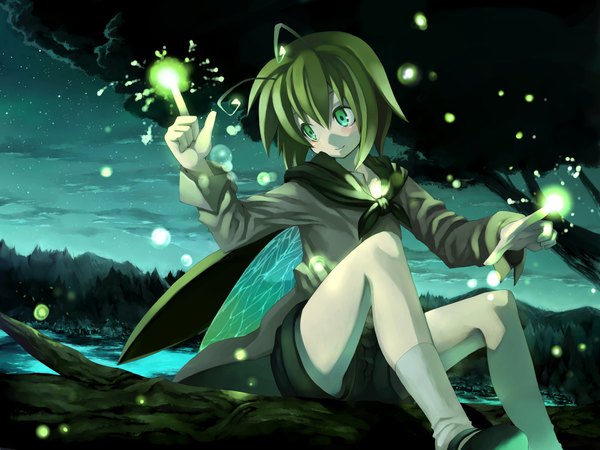 Anime picture 2000x1500 with touhou wriggle nightbug morino hon highres short hair green hair night landscape nature insect wings antennae girl wings tree (trees) star (stars) forest fireflies