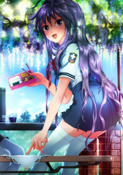 Anime picture 1447x2046 with clannad key (studio) fujibayashi kyou aoenichi fuka long hair tall image open mouth smile purple eyes purple hair very long hair pleated skirt zettai ryouiki girl thighhighs skirt bow miniskirt white thighhighs food