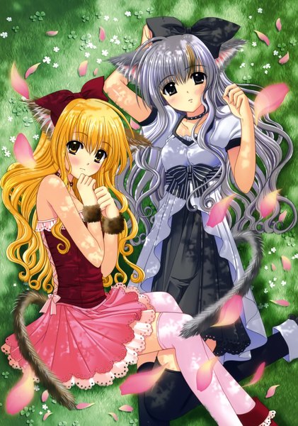 Anime picture 2436x3474 with nishimata aoi long hair tall image highres blonde hair multiple girls animal ears yellow eyes absurdres tail lying animal tail grey hair black eyes girl thighhighs dress bow 2 girls hair bow