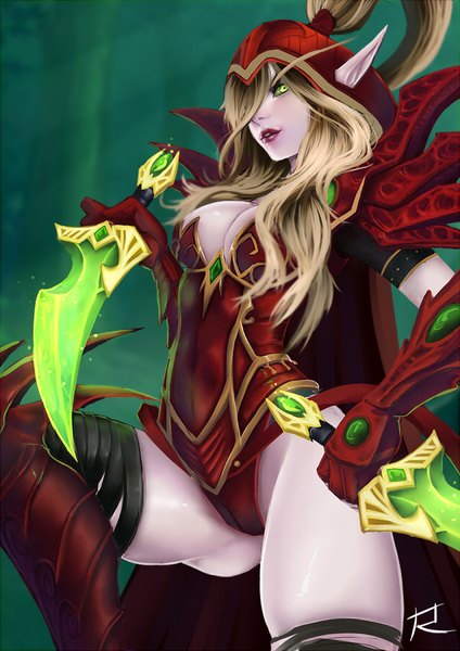 Anime picture 636x900 with world of warcraft blizzard entertainment valeera sanguinar ryumi-gin single long hair tall image fringe breasts light erotic blonde hair green eyes signed cleavage ponytail parted lips hair over one eye lipstick ass visible through thighs eyebrows