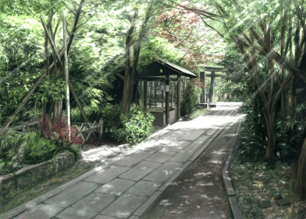 Anime picture 1287x926 with original nori tamago sunlight shadow no people landscape nature plant (plants) tree (trees) path