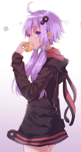 Anime picture 1700x3184 with vocaloid voiceroid yuzuki yukari hopepe single long hair tall image fringe simple background hair between eyes purple eyes twintails purple hair ahoge profile gradient background low twintails eating girl food