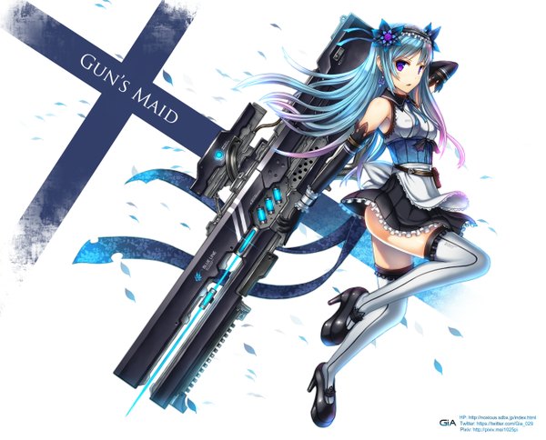 Anime picture 1400x1131 with original gia single long hair looking at viewer open mouth purple eyes bare shoulders blue hair pink hair multicolored hair two-tone hair maid watermark arms behind head girl thighhighs weapon earrings petals