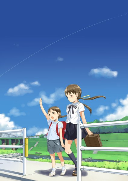 Anime picture 1024x1449 with original sody (artist) long hair tall image blush open mouth brown hair twintails multiple girls brown eyes sky cloud (clouds) wind single braid girl uniform hair ornament 2 girls school uniform socks