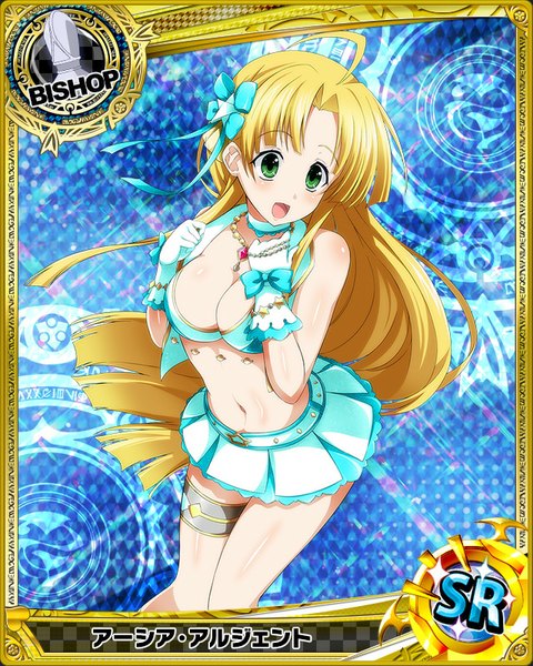 Anime picture 640x800 with highschool dxd asia argento single long hair tall image looking at viewer blush breasts open mouth light erotic blonde hair green eyes cleavage card (medium) girl skirt gloves navel hair ornament bow