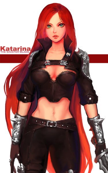 Anime picture 700x1120 with league of legends katarina (league of legends) yy6242 single long hair tall image looking at viewer breasts simple background green eyes red hair lips midriff character names girl gloves navel weapon sword belt