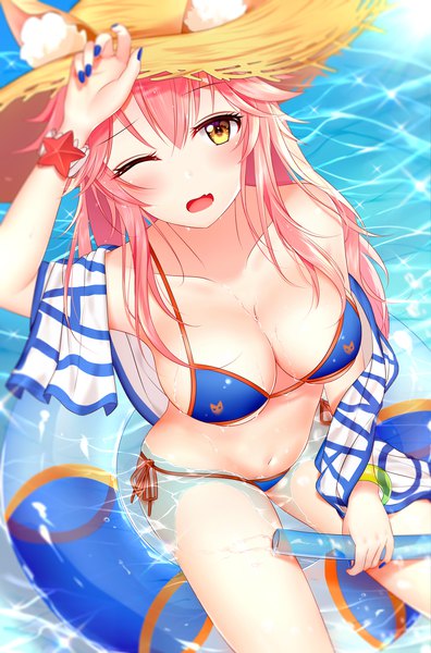 Anime picture 2395x3628 with fate (series) fate/grand order fate/extra tamamo (fate) (all) tamamo no mae (swimsuit lancer) (fate) junpaku karen single long hair tall image looking at viewer blush fringe highres breasts open mouth light erotic hair between eyes large breasts sitting animal ears